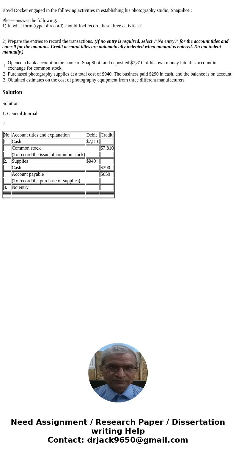 Boyd Docker engaged in the following activities in establishing his photography studio, SnapShot!: Please answer the following: 1) In what form (type of record  Boyd Docker engaged in the following activities in establishing his photography studio, SnapShot!: Please answer the following: 1) In what form (type of record