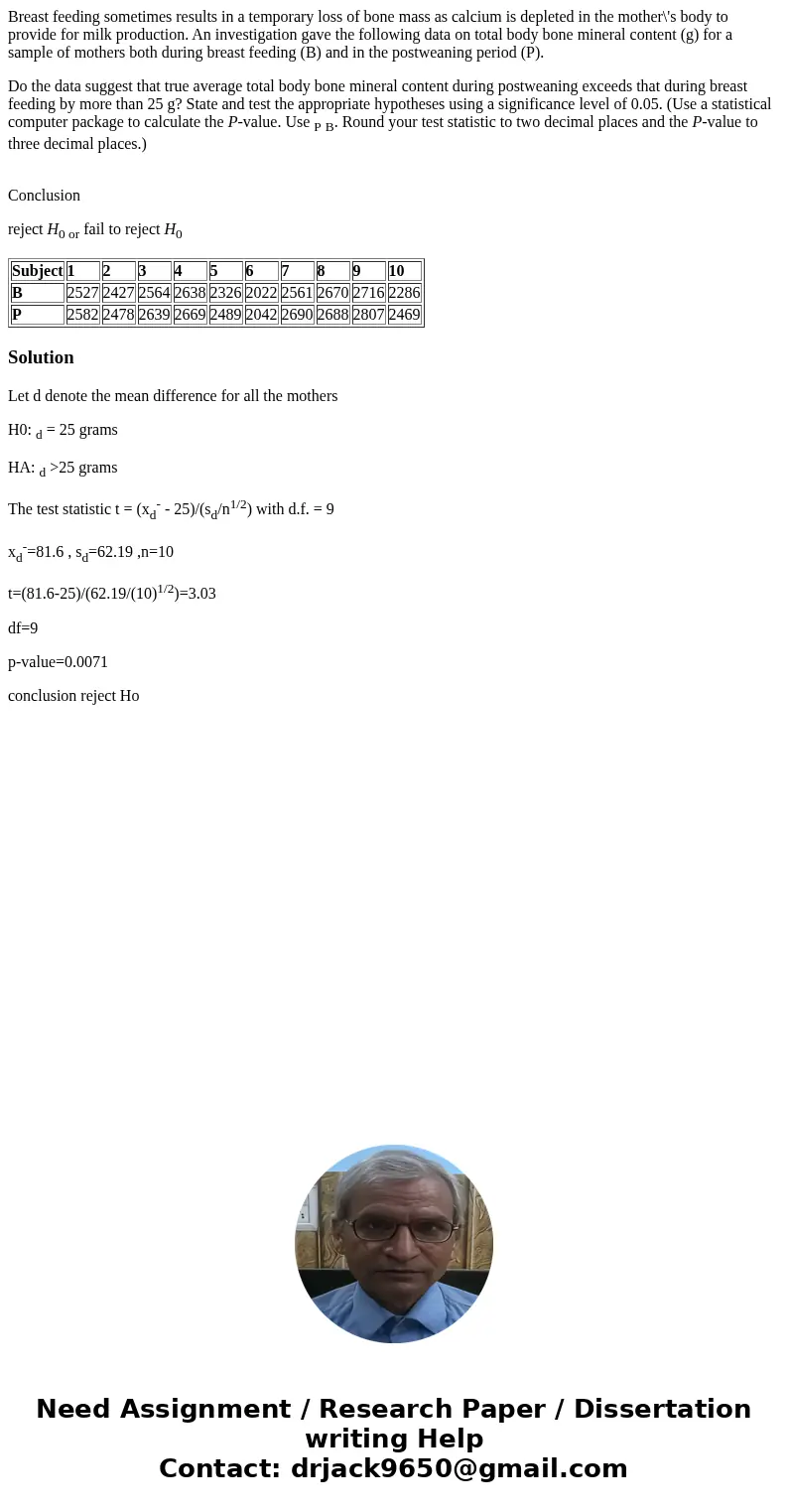 Breast feeding sometimes results in a temporary loss of bone mass as calcium is depleted in the mother\'s body to provide for milk production. An investigation  Breast feeding sometimes results in a temporary loss of bone mass as calcium is depleted in the mother\'s body to provide for milk production. An investigation