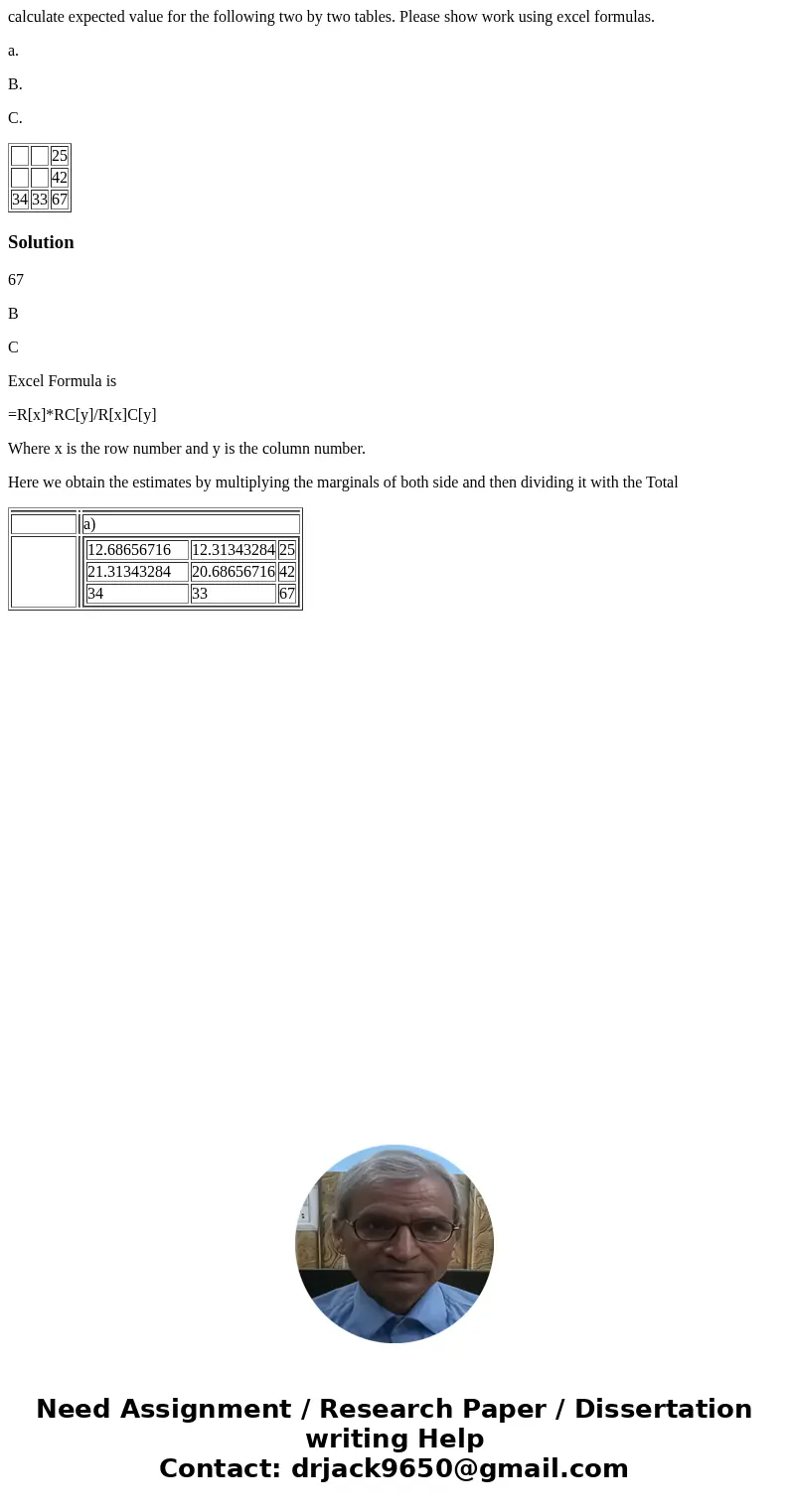 calculate expected value for the following two by two tables. Please show work using excel formulas. a. B. C. 25 42 34 33 67 Solution67 B C Excel Formula is =R[ calculate expected value for the following two by two tables. Please show work using excel formulas. a. B. C. 25 42 34 33 67 Solution67 B C Excel Formula is =R[