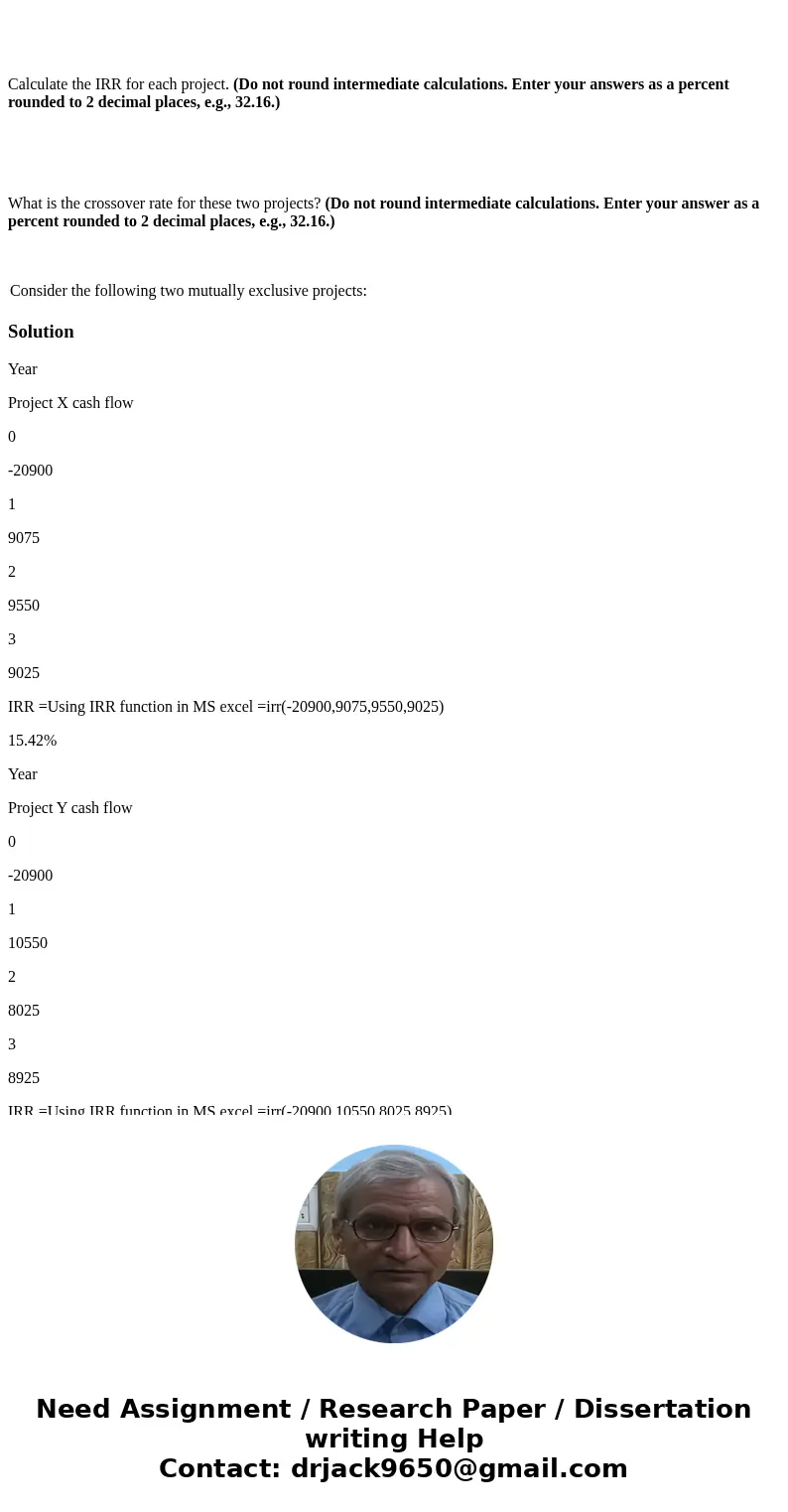 Calculate the IRR for each project. (Do not round intermediate calculations. Enter your answers as a percent rounded to 2 decimal places, e.g., 32.16.) What is  Calculate the IRR for each project. (Do not round intermediate calculations. Enter your answers as a percent rounded to 2 decimal places, e.g., 32.16.) What is