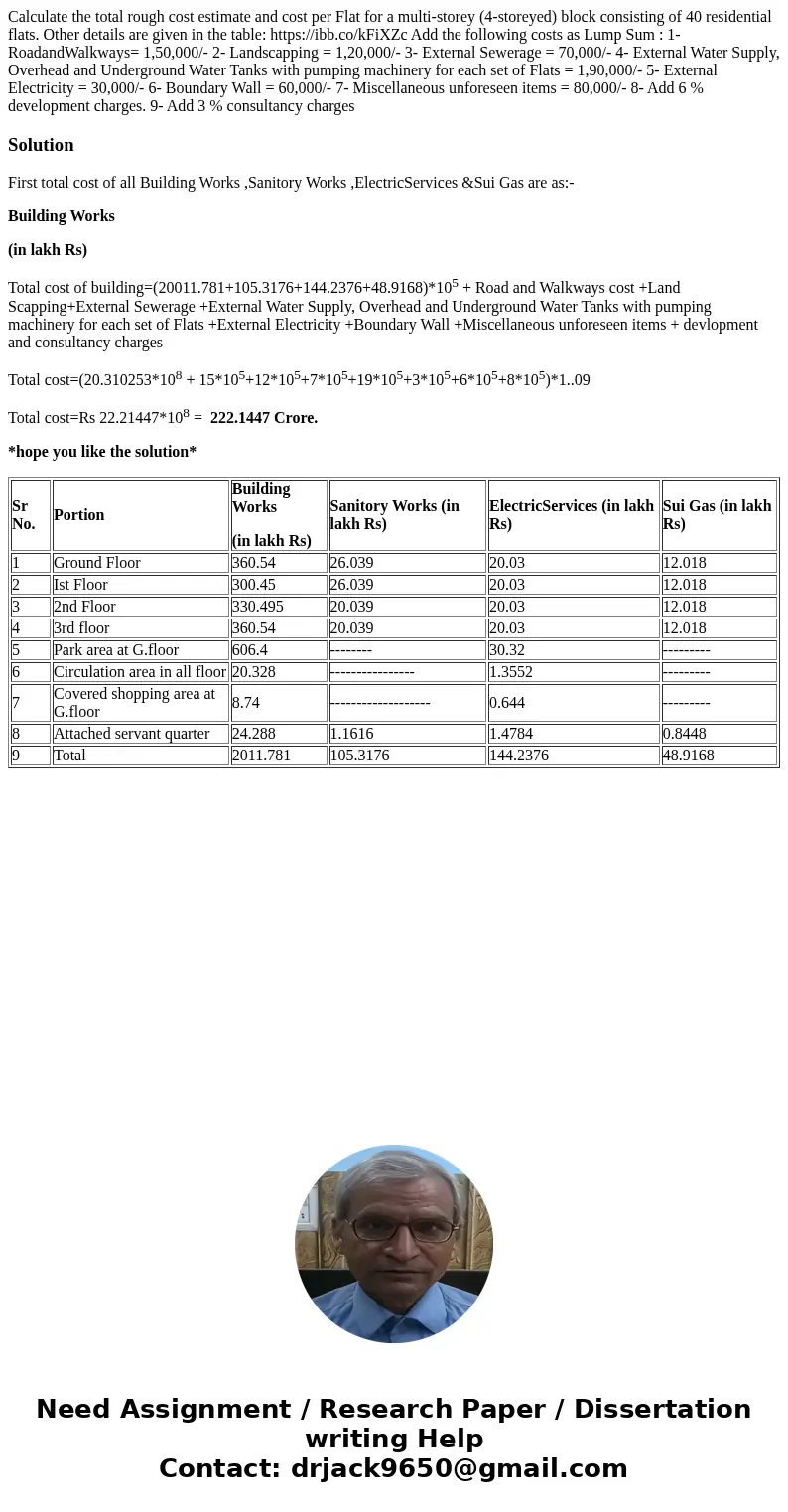 Calculate the total rough cost estimate and cost per Flat for a multi-storey (4-storeyed) block consisting of 40 residential flats. Other details are given in t Calculate the total rough cost estimate and cost per Flat for a multi-storey (4-storeyed) block consisting of 40 residential flats. Other details are given in t