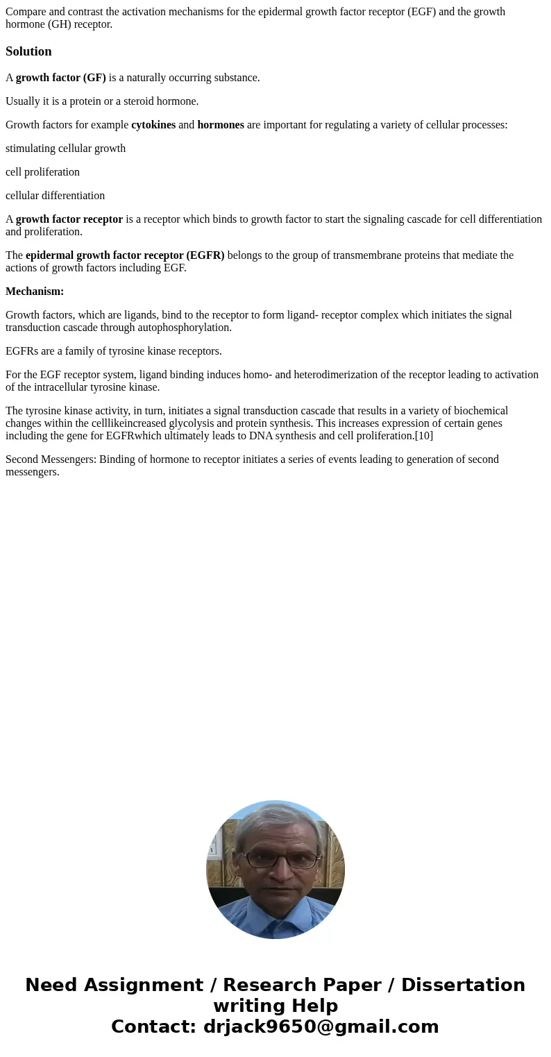 Compare and contrast the activation mechanisms for the epidermal growth factor receptor (EGF) and the growth hormone (GH) receptor.SolutionA growth factor (GF)  Compare and contrast the activation mechanisms for the epidermal growth factor receptor (EGF) and the growth hormone (GH) receptor.SolutionA growth factor (GF)