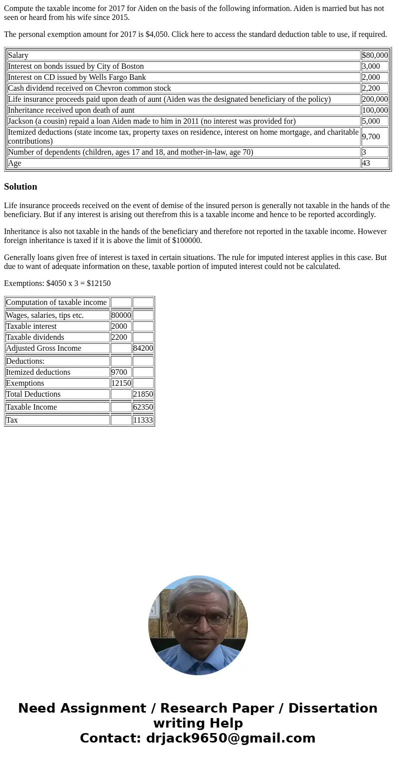 Compute the taxable income for 2017 for Aiden on the basis of the following information. Aiden is married but has not seen or heard from his wife since 2015. Th Compute the taxable income for 2017 for Aiden on the basis of the following information. Aiden is married but has not seen or heard from his wife since 2015. Th