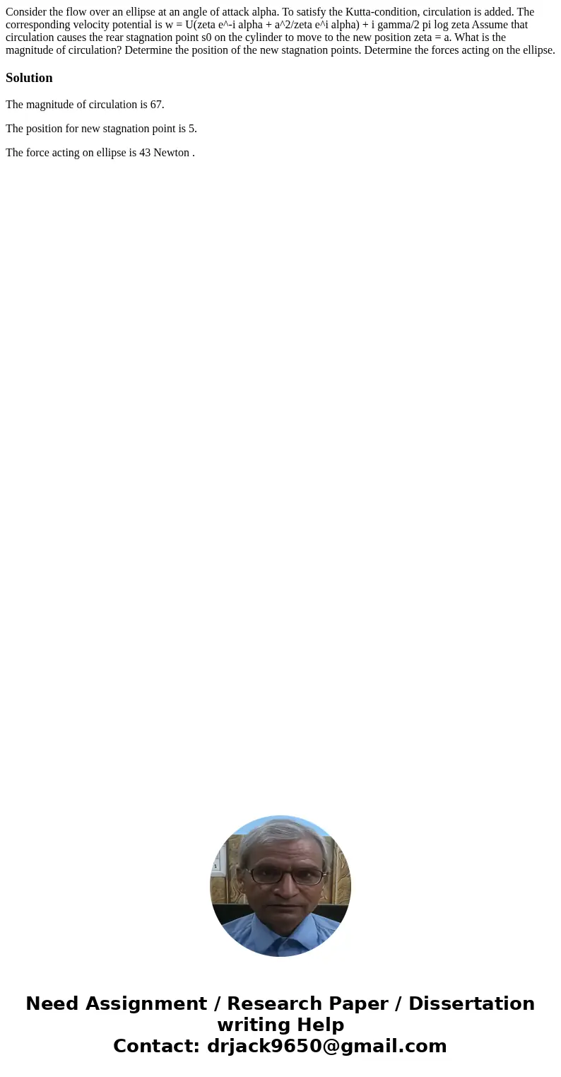 Consider the flow over an ellipse at an angle of attack alpha. To satisfy the Kutta-condition, circulation is added. The corresponding velocity potential is w   Consider the flow over an ellipse at an angle of attack alpha. To satisfy the Kutta-condition, circulation is added. The corresponding velocity potential is w