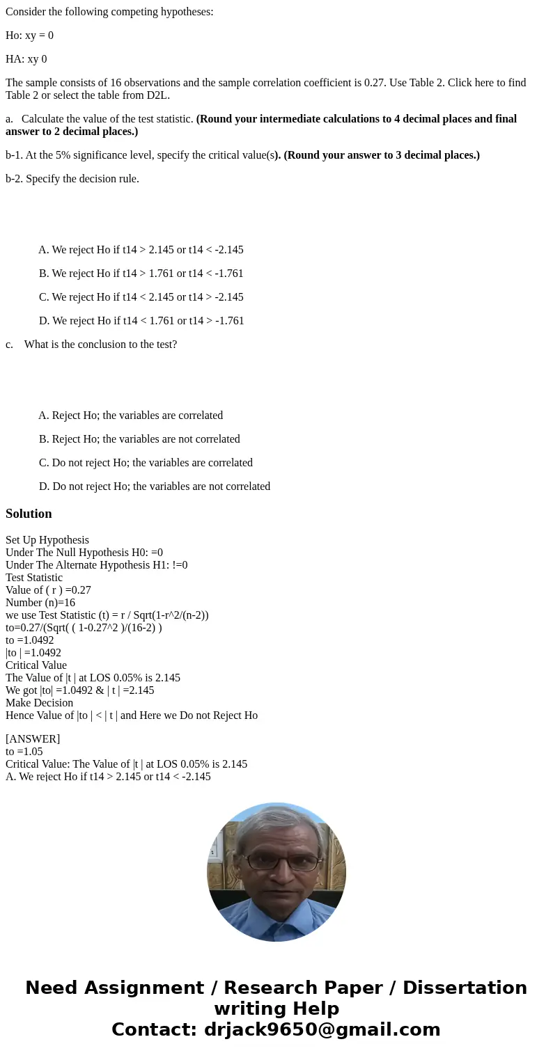 Consider the following competing hypotheses: Ho: xy = 0 HA: xy 0 The sample consists of 16 observations and the sample correlation coefficient is 0.27. Use Tabl Consider the following competing hypotheses: Ho: xy = 0 HA: xy 0 The sample consists of 16 observations and the sample correlation coefficient is 0.27. Use Tabl
