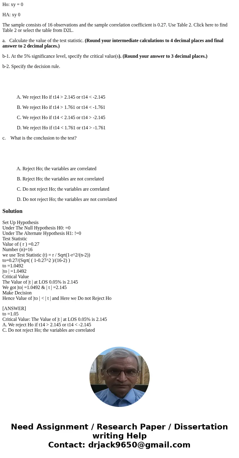 Consider the following competing hypotheses: Ho: xy = 0 HA: xy 0 The sample consists of 16 observations and the sample correlation coefficient is 0.27. Use Tabl Consider the following competing hypotheses: Ho: xy = 0 HA: xy 0 The sample consists of 16 observations and the sample correlation coefficient is 0.27. Use Tabl