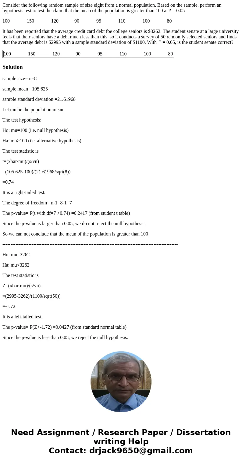 Consider the following random sample of size eight from a normal population. Based on the sample, perform an hypothesis test to test the claim that the mean of  Consider the following random sample of size eight from a normal population. Based on the sample, perform an hypothesis test to test the claim that the mean of