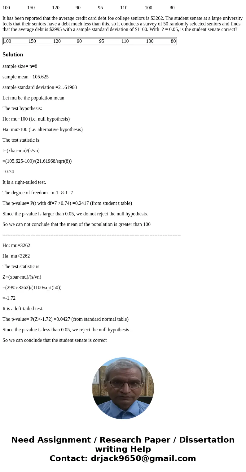 Consider the following random sample of size eight from a normal population. Based on the sample, perform an hypothesis test to test the claim that the mean of  Consider the following random sample of size eight from a normal population. Based on the sample, perform an hypothesis test to test the claim that the mean of