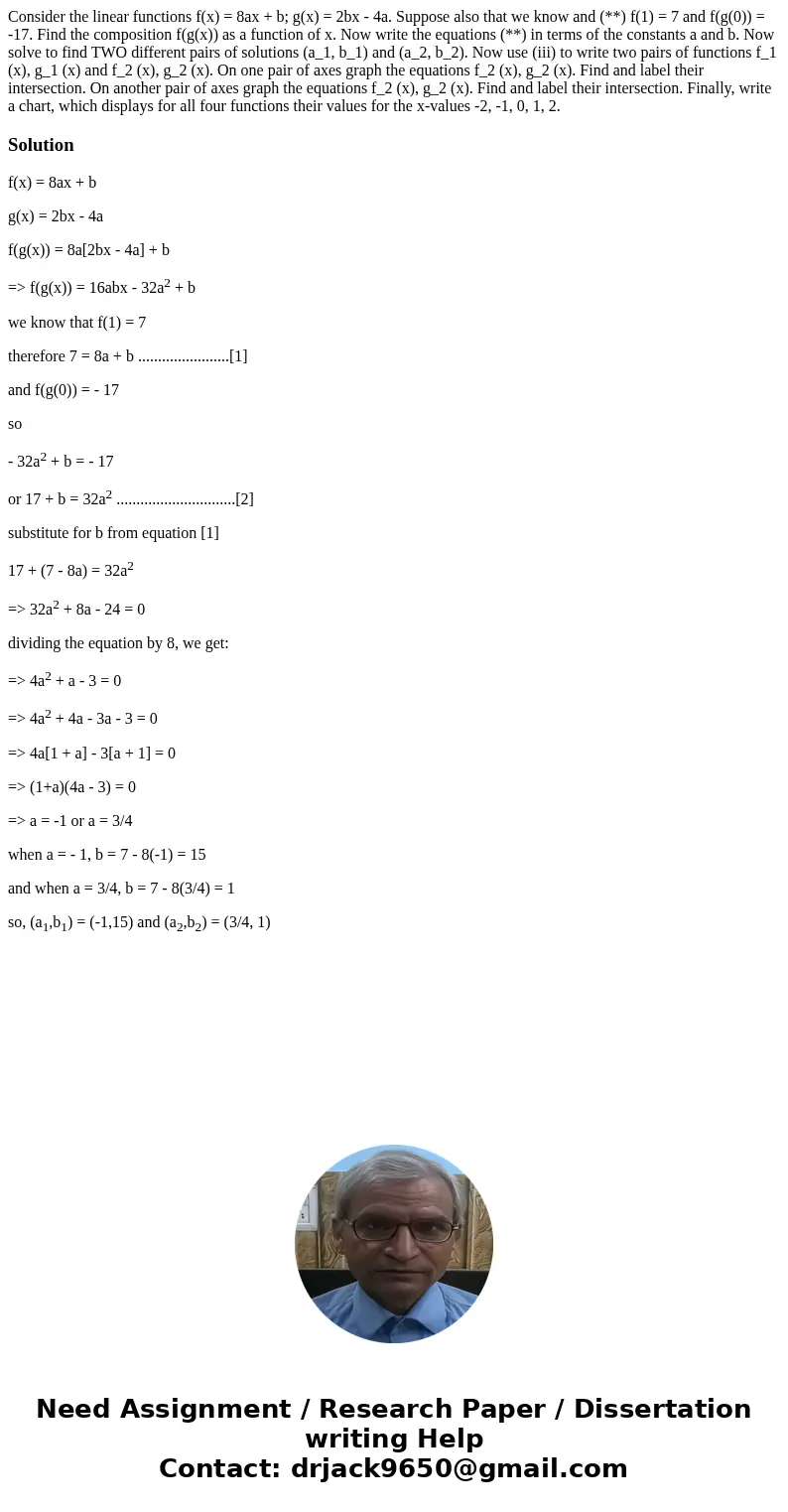  Consider the linear functions f(x) = 8ax + b; g(x) = 2bx - 4a. Suppose also that we know and (**) f(1) = 7 and f(g(0)) = -17. Find the composition f(g(x)) as a