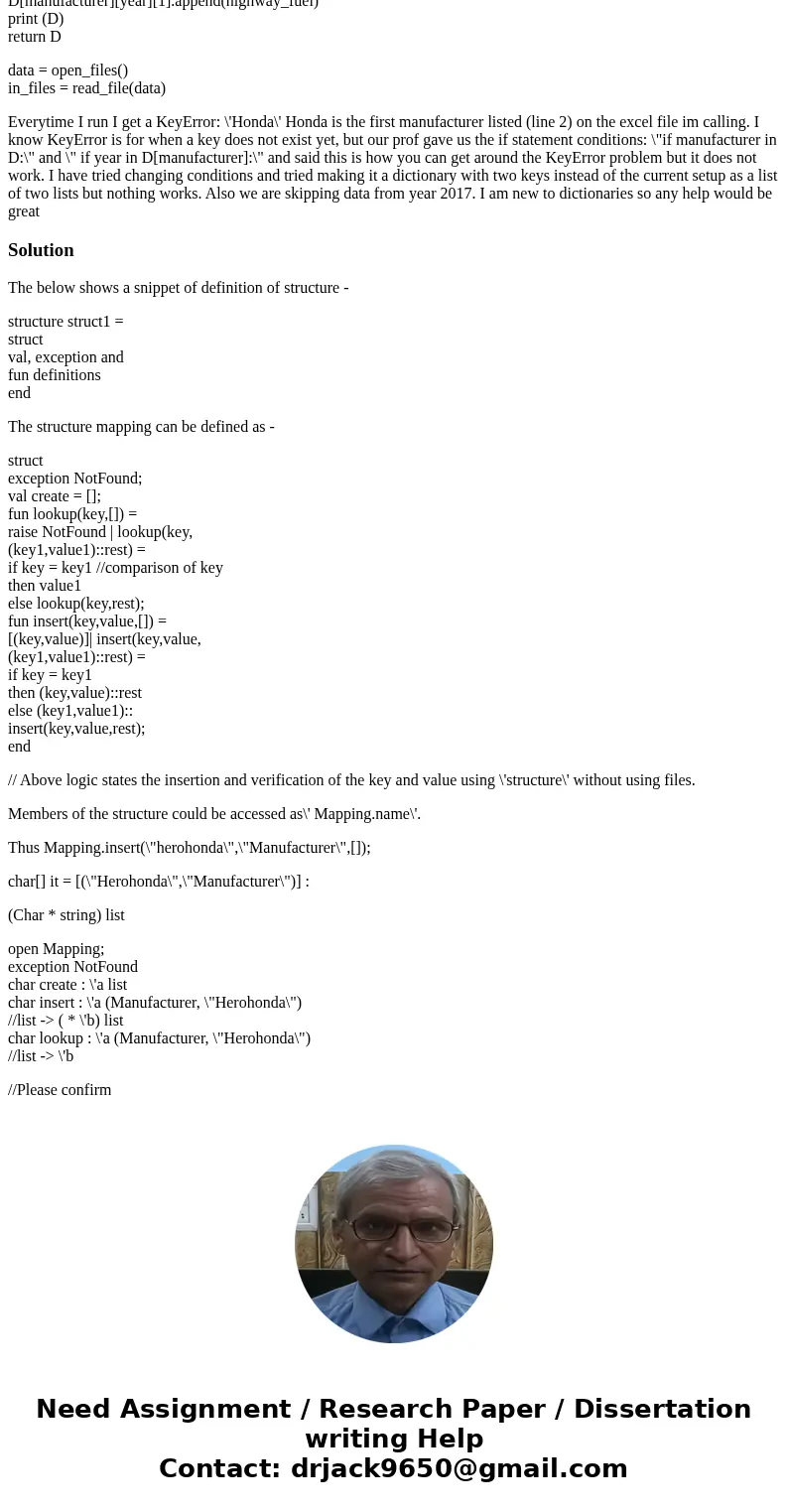 def read_file(fp): csv_fp = csv.reader(fp) D ={} next(csv_fp, None) for L in csv_fp: manufacturer = L[46] year = L[63] city_fuel = L[4] highway_fuel = L[34] if 