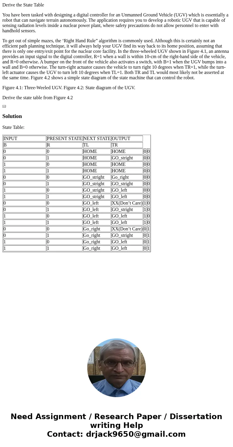 Derive the State Table You have been tasked with designing a digital controller for an Unmanned Ground Vehicle (UGV) which is essentially a robot that can navig