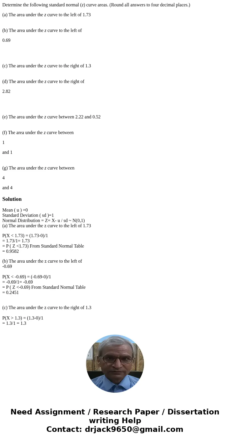 Determine the following standard normal (z) curve areas. (Round all answers to four decimal places.) (a) The area under the z curve to the left of 1.73 (b) The  Determine the following standard normal (z) curve areas. (Round all answers to four decimal places.) (a) The area under the z curve to the left of 1.73 (b) The