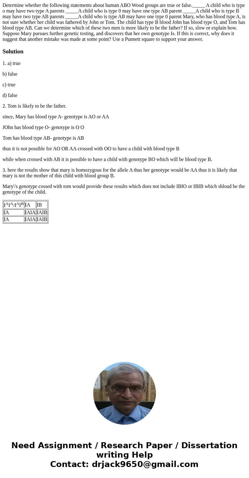 Determine whether the following statements about human ABO Wood groups are true or false._____ A child who is type o may have two type A parents _____A child w  Determine whether the following statements about human ABO Wood groups are true or false._____ A child who is type o may have two type A parents _____A child w