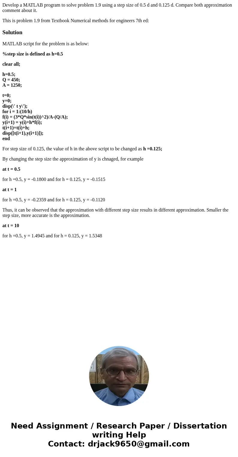 Develop a MATLAB program to solve problem 1.9 using a step size of 0.5 d and 0.125 d. Compare both approximation comment about it. This is problem 1.9 from Text Develop a MATLAB program to solve problem 1.9 using a step size of 0.5 d and 0.125 d. Compare both approximation comment about it. This is problem 1.9 from Text