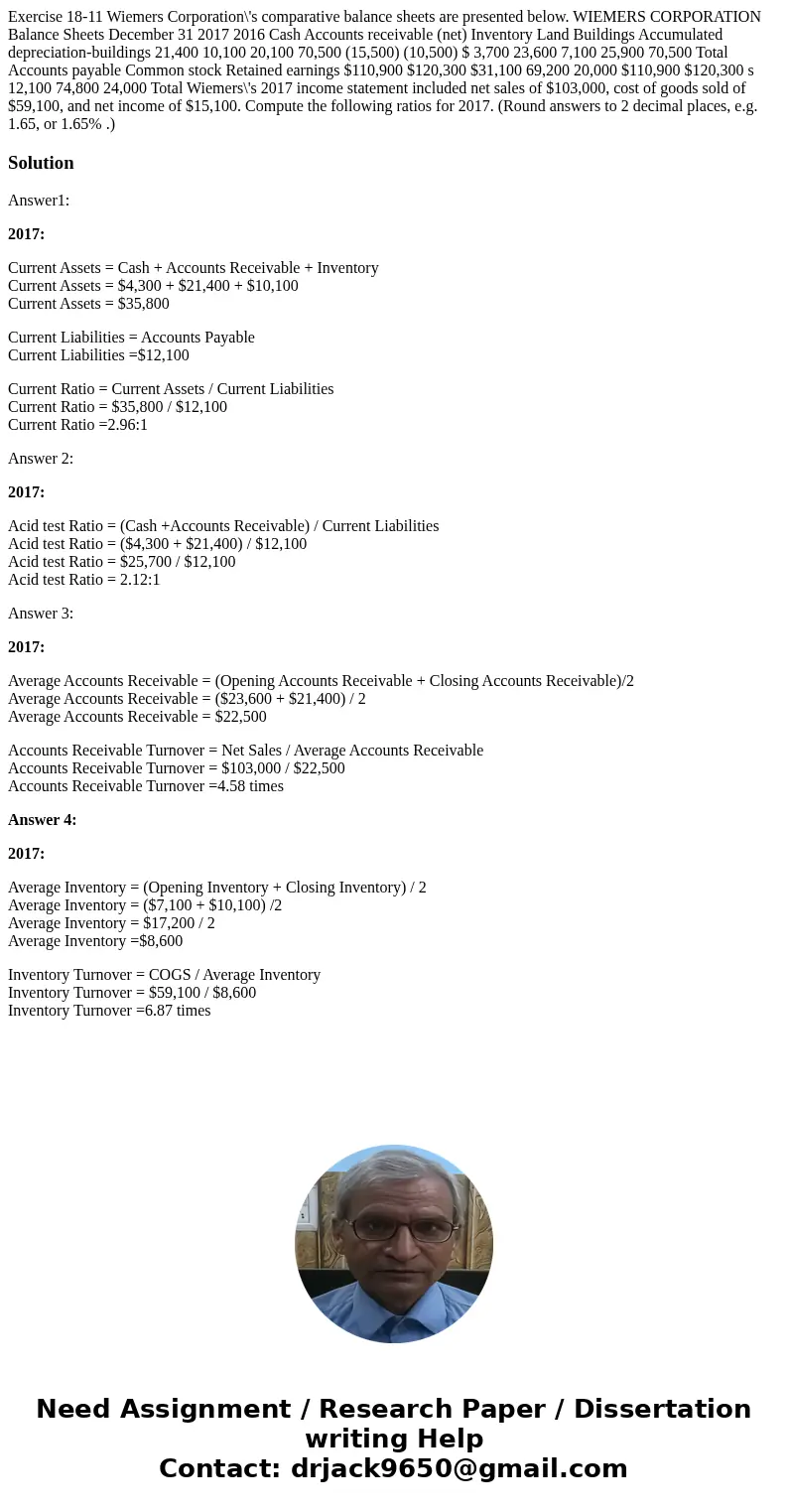 Exercise 18-11 Wiemers Corporation\'s comparative balance sheets are presented below. WIEMERS CORPORATION Balance Sheets December 31 2017 2016 Cash Accounts re  Exercise 18-11 Wiemers Corporation\'s comparative balance sheets are presented below. WIEMERS CORPORATION Balance Sheets December 31 2017 2016 Cash Accounts re