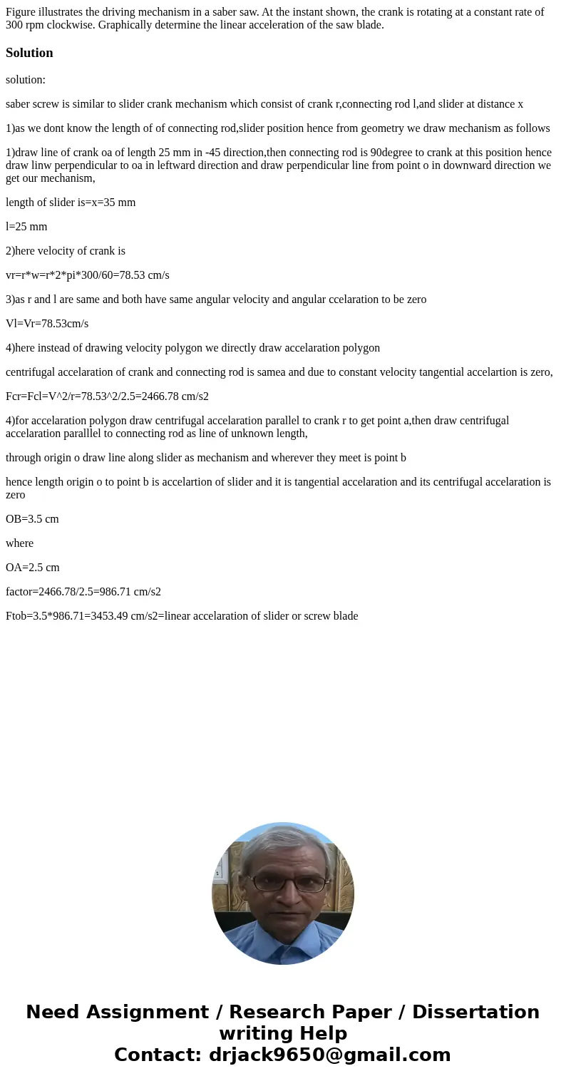 Figure illustrates the driving mechanism in a saber saw. At the instant shown, the crank is rotating at a constant rate of 300 rpm clockwise. Graphically deter  Figure illustrates the driving mechanism in a saber saw. At the instant shown, the crank is rotating at a constant rate of 300 rpm clockwise. Graphically deter