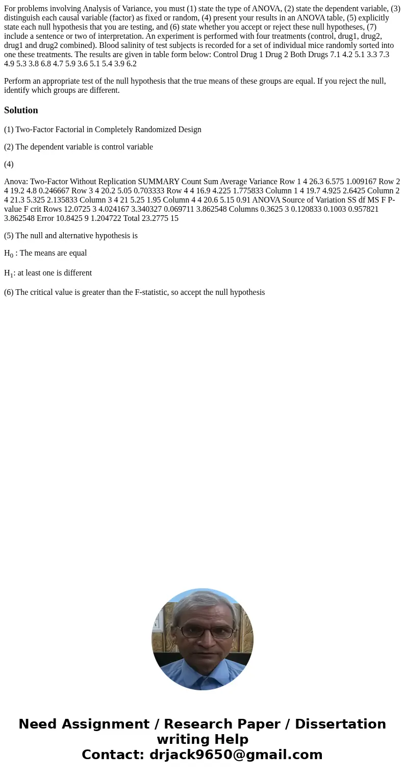 For problems involving Analysis of Variance, you must (1) state the type of ANOVA, (2) state the dependent variable, (3) distinguish each causal variable (facto For problems involving Analysis of Variance, you must (1) state the type of ANOVA, (2) state the dependent variable, (3) distinguish each causal variable (facto