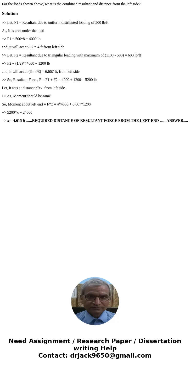 For the loads shown above, what is the combined resultant and distance from the left side?Solution>> Let, F1 = Resultant due to uniform distributed loadi  For the loads shown above, what is the combined resultant and distance from the left side?Solution>> Let, F1 = Resultant due to uniform distributed loadi
