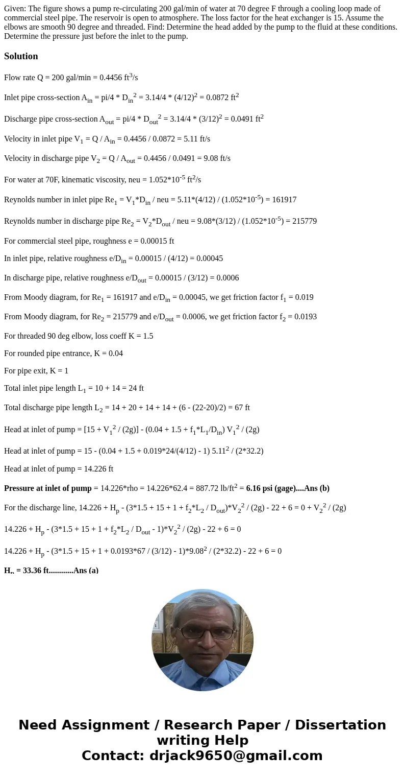 Given: The figure shows a pump re-circulating 200 gal/min of water at 70 degree F through a cooling loop made of commercial steel pipe. The reservoir is open t  Given: The figure shows a pump re-circulating 200 gal/min of water at 70 degree F through a cooling loop made of commercial steel pipe. The reservoir is open t