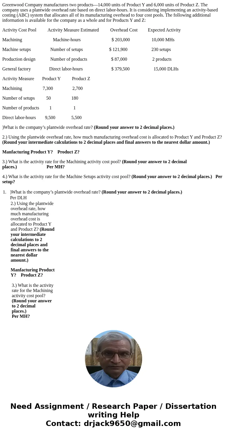Greenwood Company manufactures two products—14,000 units of Product Y and 6,000 units of Product Z. The company uses a plantwide overhead rate based on direct l Greenwood Company manufactures two products—14,000 units of Product Y and 6,000 units of Product Z. The company uses a plantwide overhead rate based on direct l