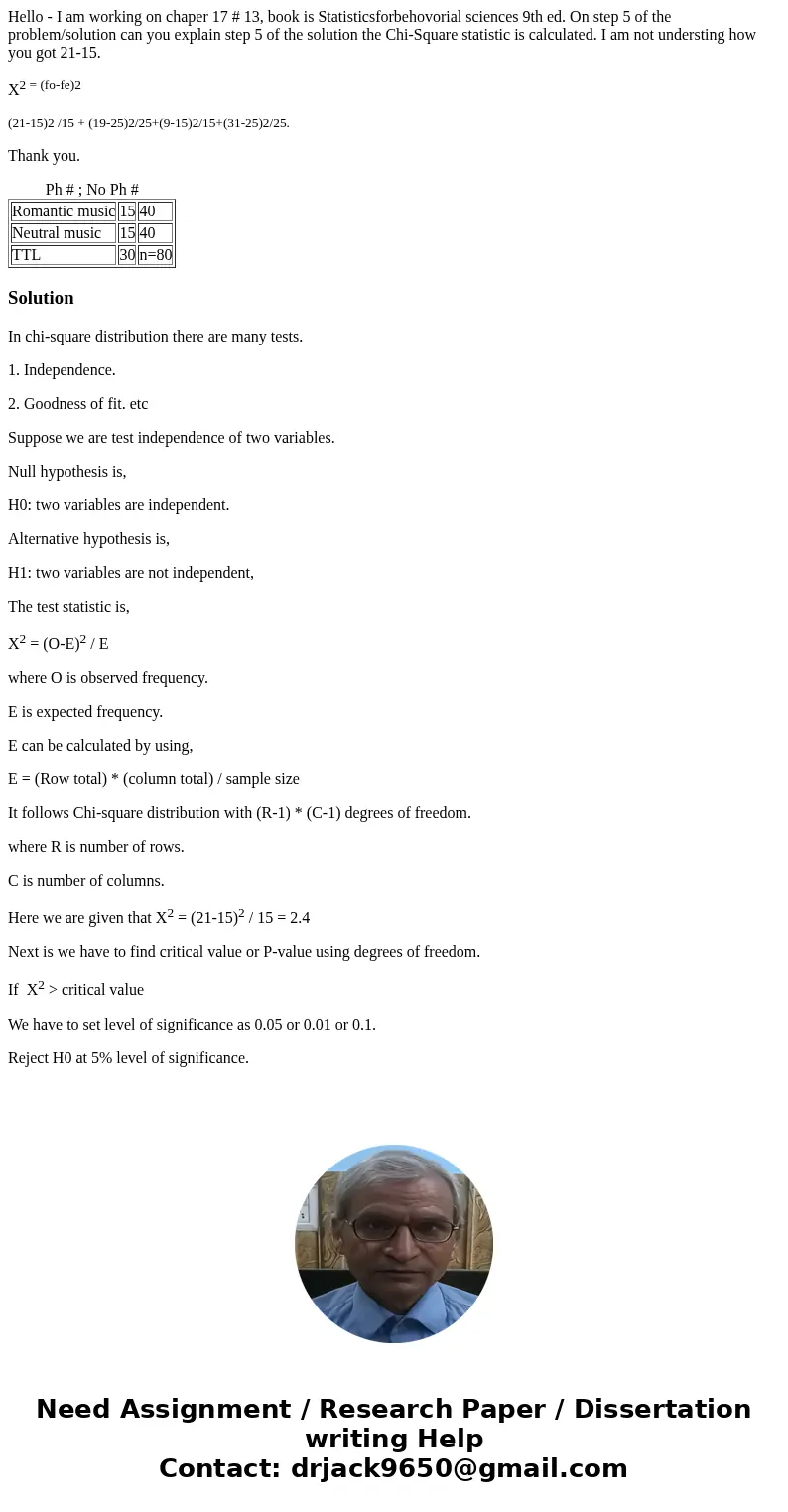 Hello - I am working on chaper 17 # 13, book is Statisticsforbehovorial sciences 9th ed. On step 5 of the problem/solution can you explain step 5 of the solutio Hello - I am working on chaper 17 # 13, book is Statisticsforbehovorial sciences 9th ed. On step 5 of the problem/solution can you explain step 5 of the solutio
