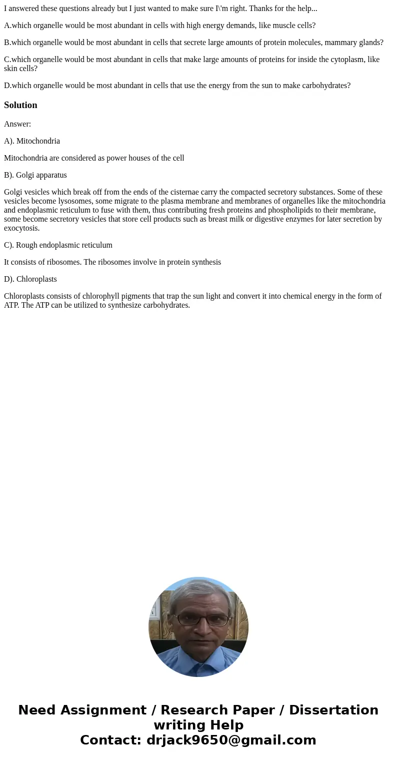 I answered these questions already but I just wanted to make sure I\'m right. Thanks for the help... A.which organelle would be most abundant in cells with high I answered these questions already but I just wanted to make sure I\'m right. Thanks for the help... A.which organelle would be most abundant in cells with high