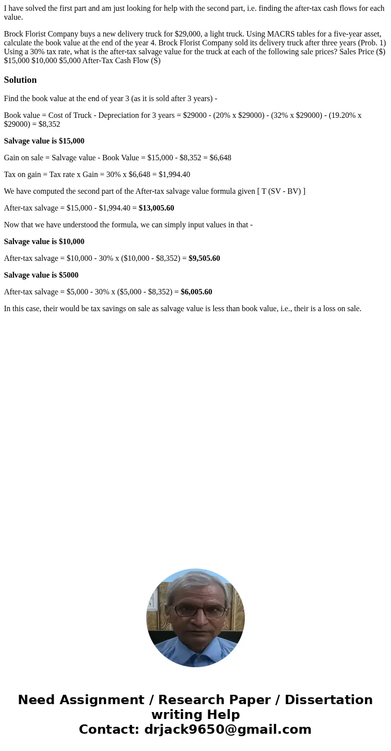 I have solved the first part and am just looking for help with the second part, i.e. finding the after-tax cash flows for each value. Brock Florist Company buys I have solved the first part and am just looking for help with the second part, i.e. finding the after-tax cash flows for each value. Brock Florist Company buys