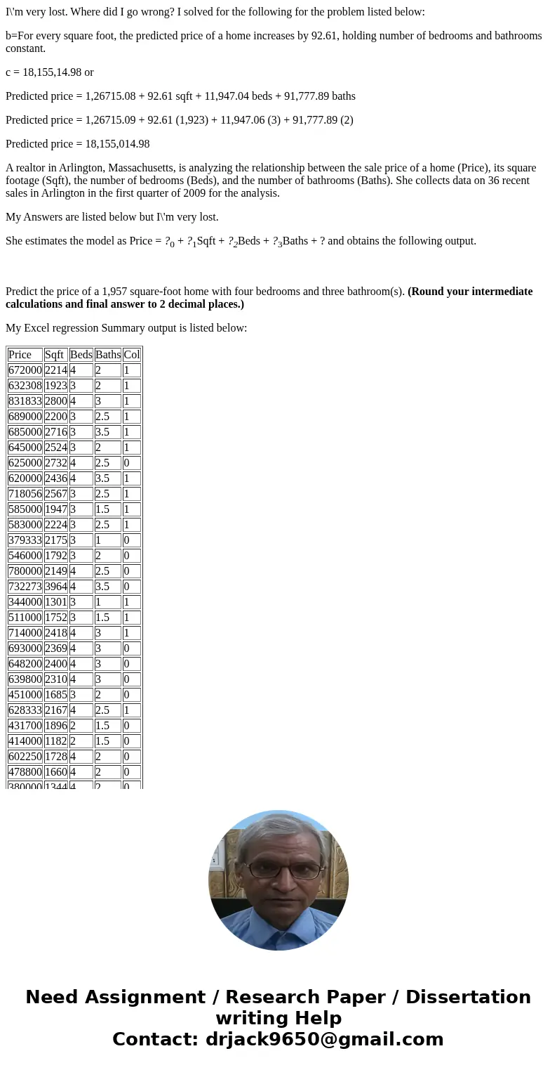 I\'m very lost. Where did I go wrong? I solved for the following for the problem listed below: b=For every square foot, the predicted price of a home increases 