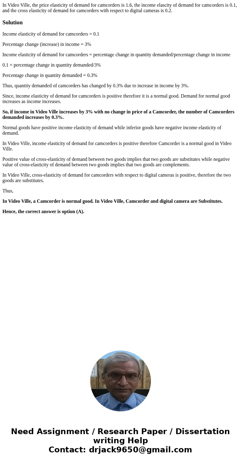 In Video Ville, the price elasticity of demand for camcorders is 1.6, the income elascity of demand for camcorders is 0.1, and the cross elasticity of demand f  In Video Ville, the price elasticity of demand for camcorders is 1.6, the income elascity of demand for camcorders is 0.1, and the cross elasticity of demand f