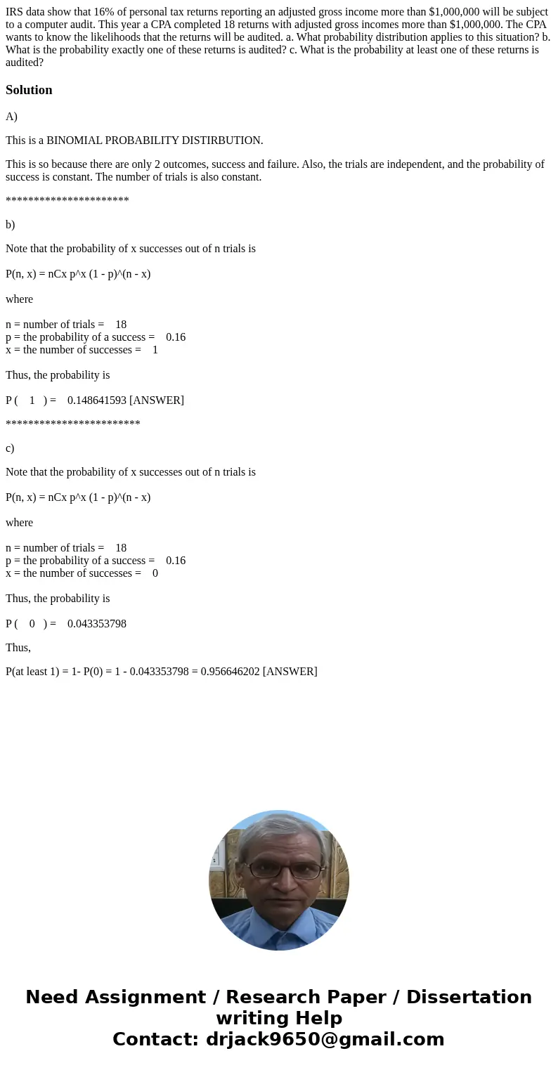 IRS data show that 16% of personal tax returns reporting an adjusted gross income more than $1,000,000 will be subject to a computer audit. This year a CPA comp IRS data show that 16% of personal tax returns reporting an adjusted gross income more than $1,000,000 will be subject to a computer audit. This year a CPA comp