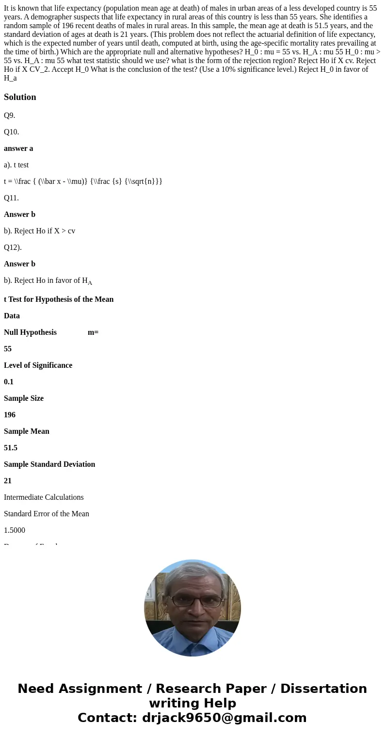  It is known that life expectancy (population mean age at death) of males in urban areas of a less developed country is 55 years. A demographer suspects that li