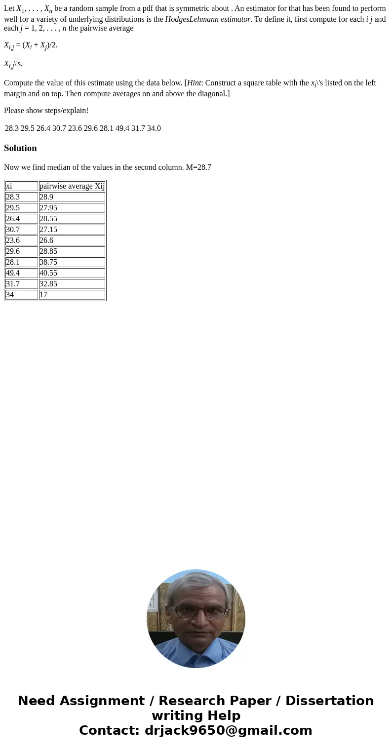 Let X1, . . . , Xn be a random sample from a pdf that is symmetric about . An estimator for that has been found to perform well for a variety of underlying dist Let X1, . . . , Xn be a random sample from a pdf that is symmetric about . An estimator for that has been found to perform well for a variety of underlying dist