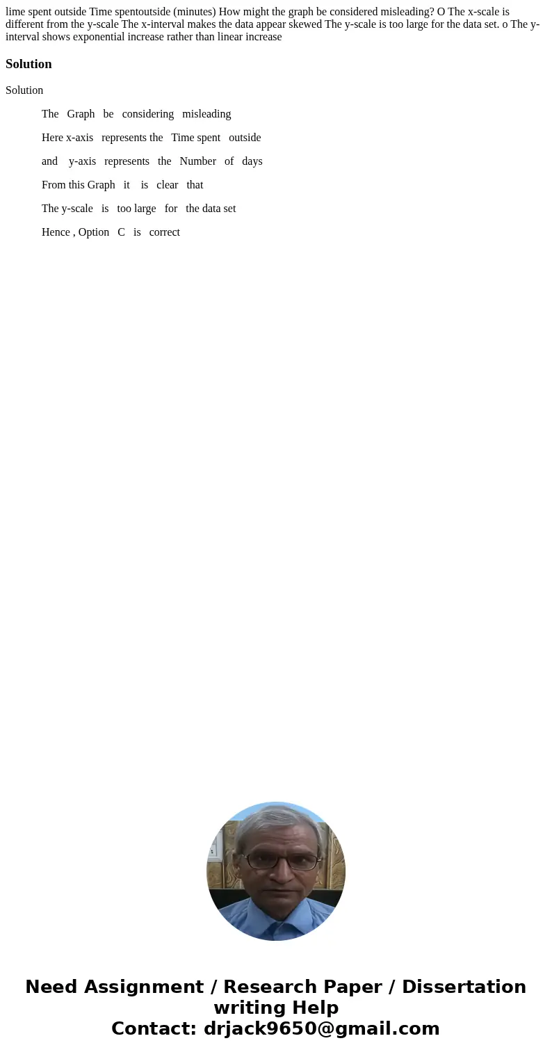 lime spent outside Time spentoutside (minutes) How might the graph be considered misleading? O The x-scale is different from the y-scale The x-interval makes t  lime spent outside Time spentoutside (minutes) How might the graph be considered misleading? O The x-scale is different from the y-scale The x-interval makes t