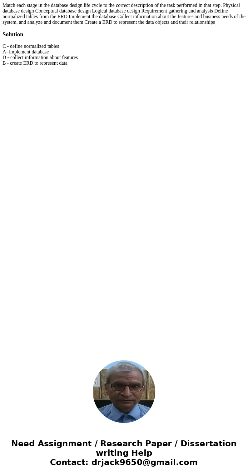 Match each stage in the database design life cycle to the correct description of the task performed in that step. Physical database design Conceptual database   Match each stage in the database design life cycle to the correct description of the task performed in that step. Physical database design Conceptual database