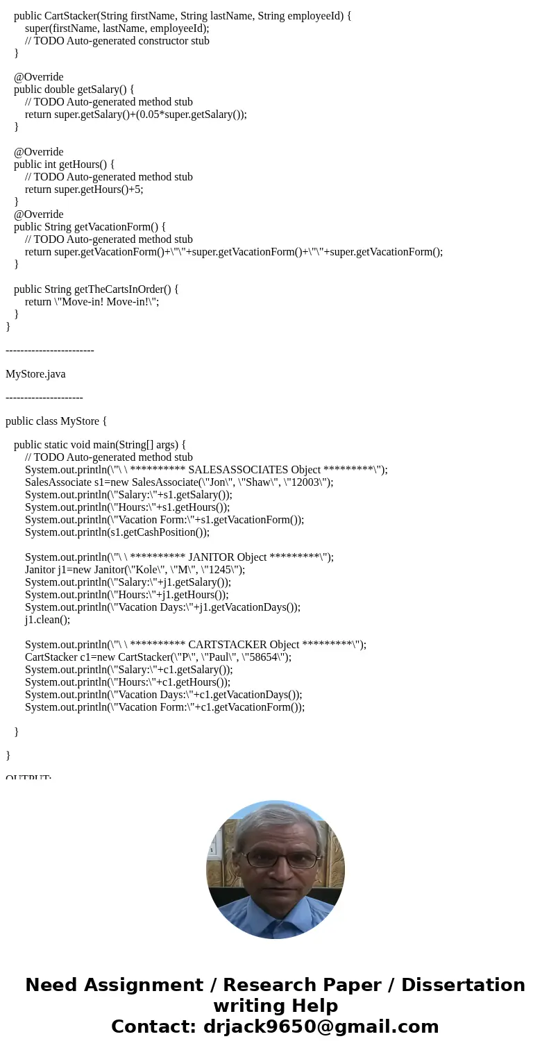 Object-Oriented Assignment (THANK YOU!!) I need help doing the following classes: - Janitor.java - FloorAssociate.java (assist customer and stock shelf\'s) - Ca Object-Oriented Assignment (THANK YOU!!) I need help doing the following classes: - Janitor.java - FloorAssociate.java (assist customer and stock shelf\'s) - Ca
