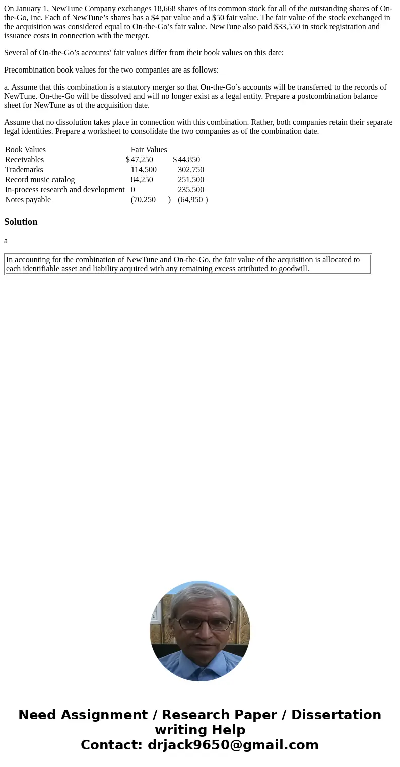 On January 1, NewTune Company exchanges 18,668 shares of its common stock for all of the outstanding shares of On-the-Go, Inc. Each of NewTune’s shares has a $4