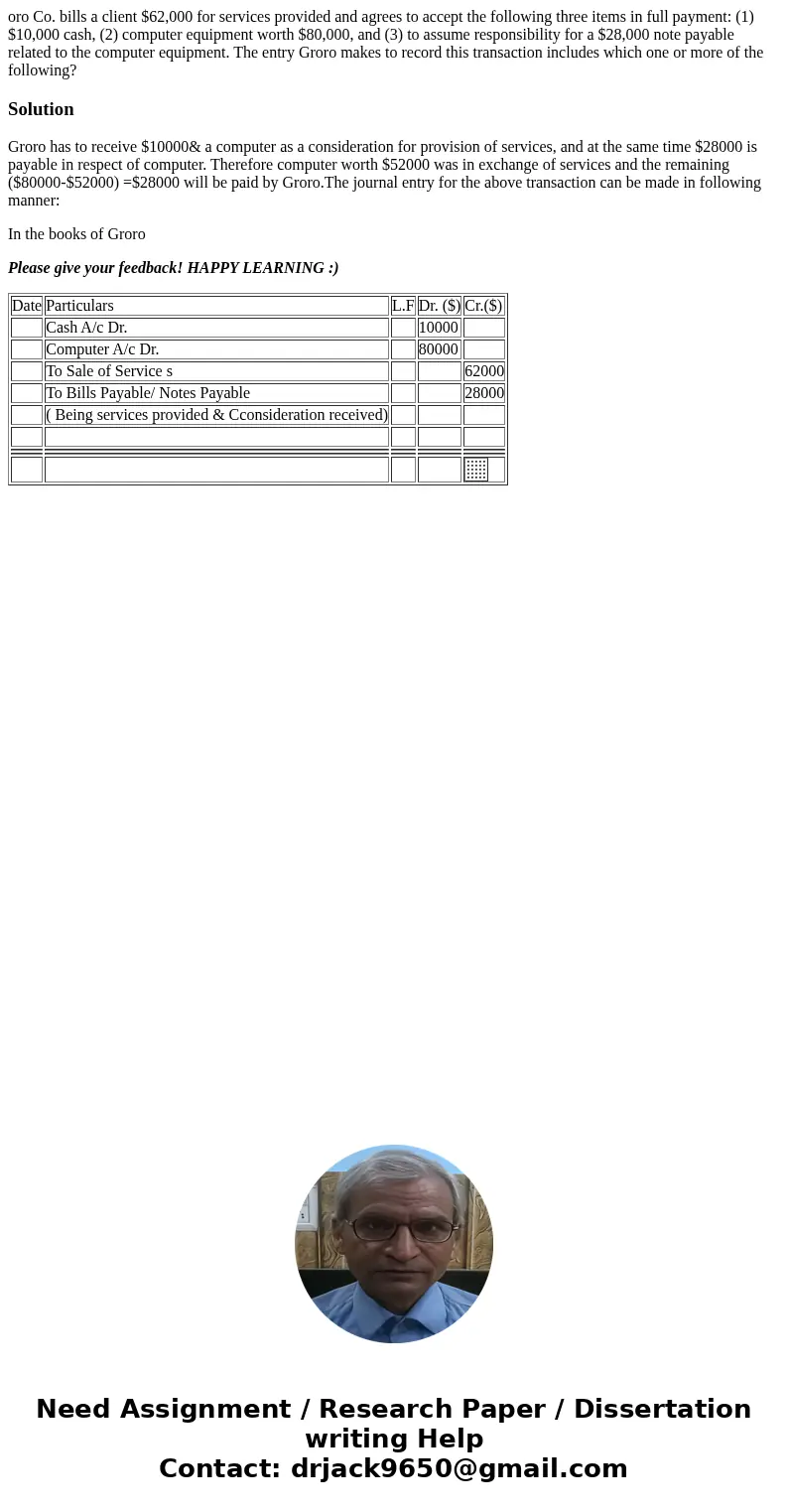 oro Co. bills a client $62,000 for services provided and agrees to accept the following three items in full payment: (1) $10,000 cash, (2) computer equipment wo oro Co. bills a client $62,000 for services provided and agrees to accept the following three items in full payment: (1) $10,000 cash, (2) computer equipment wo