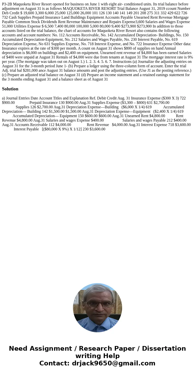 P3-2B Maquoketa River Resort opened for business on June 1 with eight air- conditioned units. Its trial balance before adjustment on August 31 is as follows MA  P3-2B Maquoketa River Resort opened for business on June 1 with eight air- conditioned units. Its trial balance before adjustment on August 31 is as follows MA