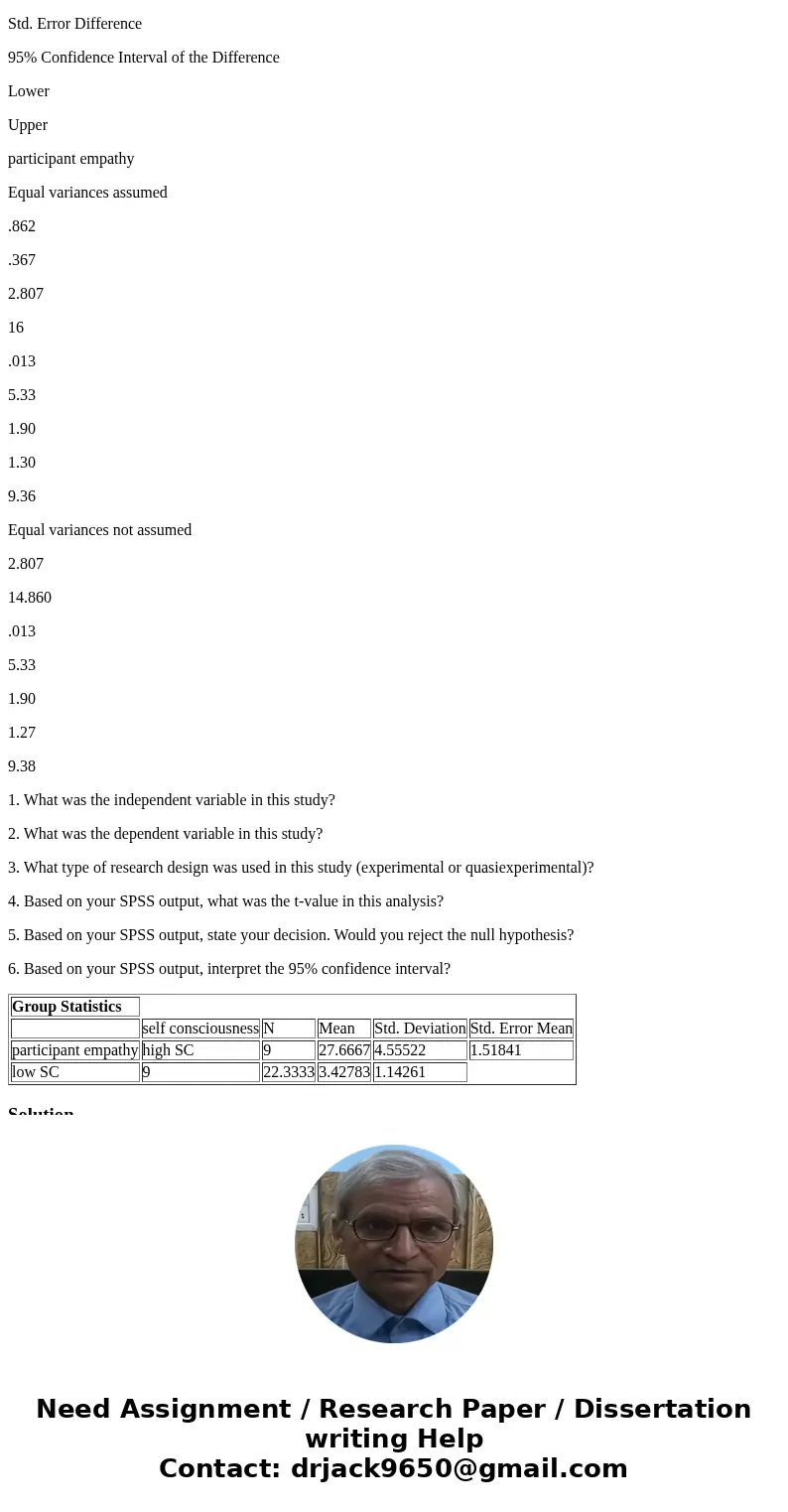 Part I: Dr. X conducts a study on the effect of self-consciousness on empathy. Participants in the study are randomly assigned to one of two groups. Participant