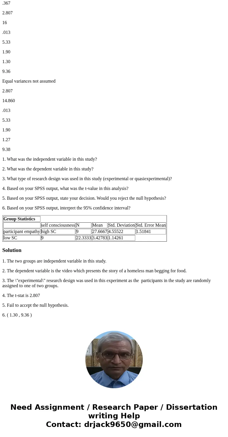 Part I: Dr. X conducts a study on the effect of self-consciousness on empathy. Participants in the study are randomly assigned to one of two groups. Participant