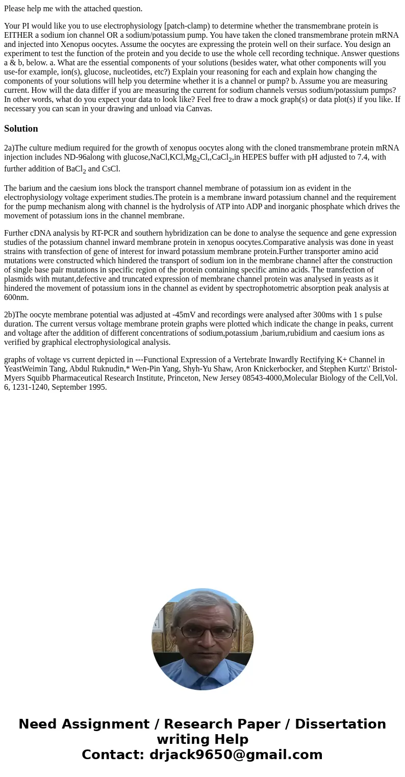 Please help me with the attached question. Your PI would like you to use electrophysiology [patch-clamp) to determine whether the transmembrane protein is EITHE Please help me with the attached question. Your PI would like you to use electrophysiology [patch-clamp) to determine whether the transmembrane protein is EITHE