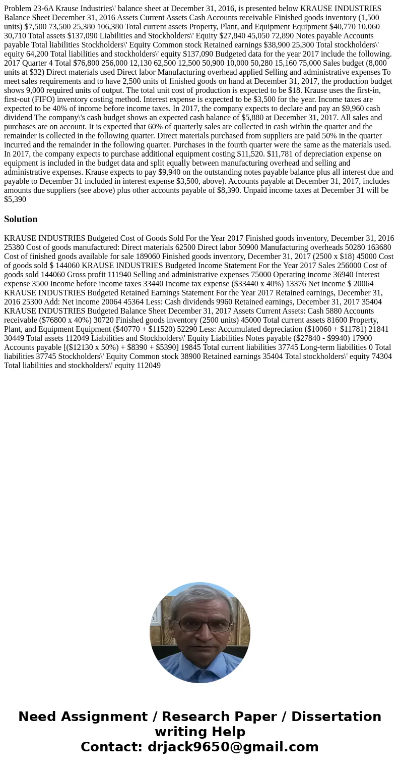 Problem 23-6A Krause Industries\' balance sheet at December 31, 2016, is presented below KRAUSE INDUSTRIES Balance Sheet December 31, 2016 Assets Current Asset  Problem 23-6A Krause Industries\' balance sheet at December 31, 2016, is presented below KRAUSE INDUSTRIES Balance Sheet December 31, 2016 Assets Current Asset