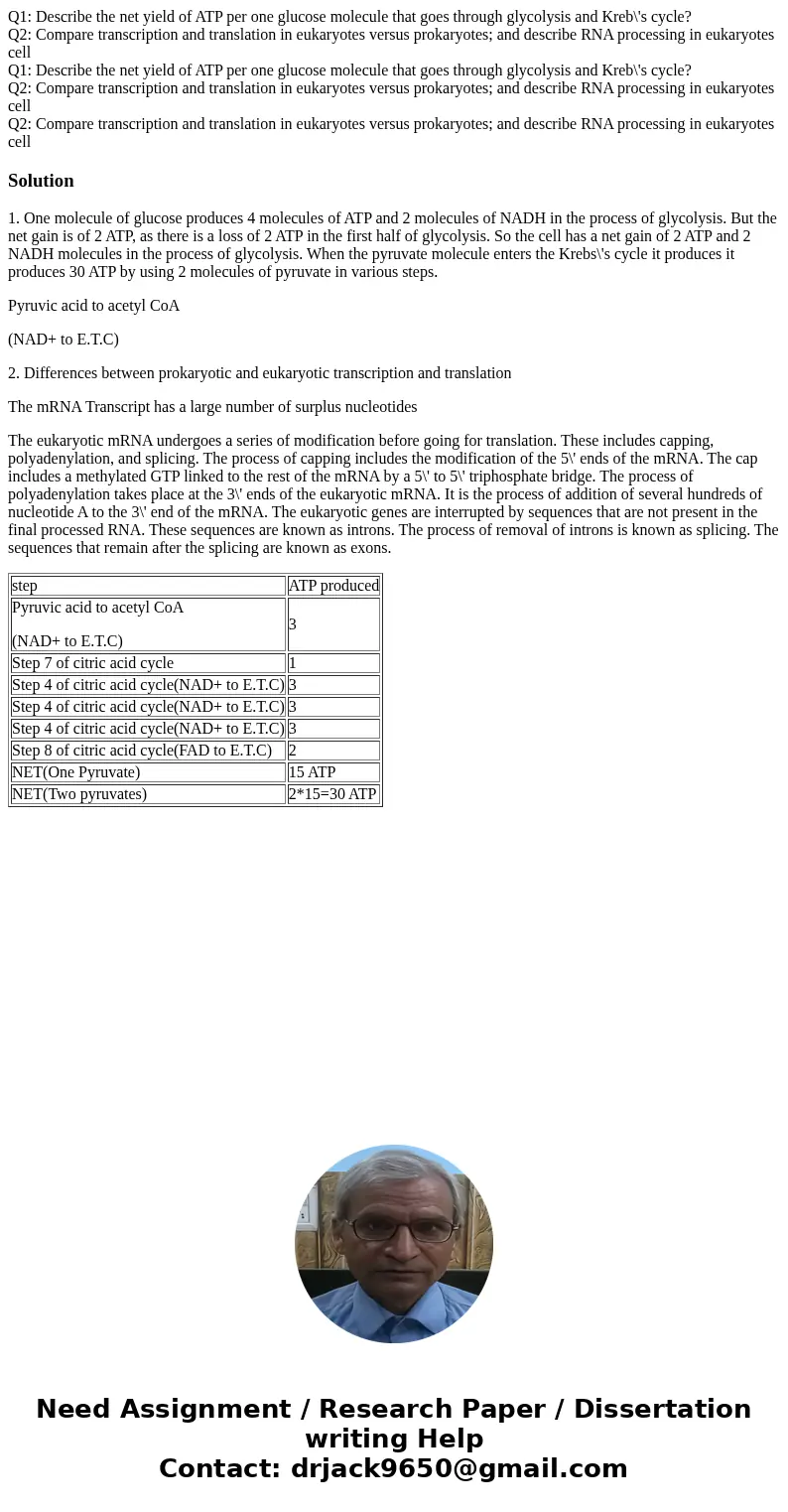 Q1: Describe the net yield of ATP per one glucose molecule that goes through glycolysis and Kreb\'s cycle? Q2: Compare transcription and translation in eukaryot Q1: Describe the net yield of ATP per one glucose molecule that goes through glycolysis and Kreb\'s cycle? Q2: Compare transcription and translation in eukaryot