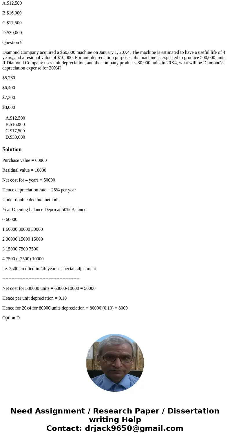 Question 8 Diamond Company acquired a $60,000 machine on January 1, 20X4. The machine is estimated to have a useful life of 4 years, and a residual value of $10 Question 8 Diamond Company acquired a $60,000 machine on January 1, 20X4. The machine is estimated to have a useful life of 4 years, and a residual value of $10
