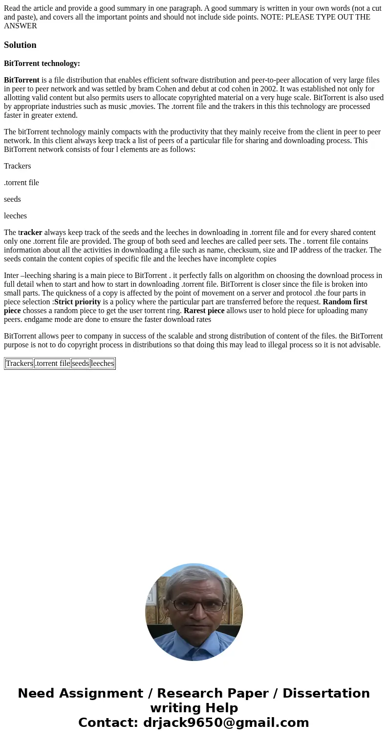 Read the article and provide a good summary in one paragraph. A good summary is written in your own words (not a cut and paste), and covers all the important po Read the article and provide a good summary in one paragraph. A good summary is written in your own words (not a cut and paste), and covers all the important po