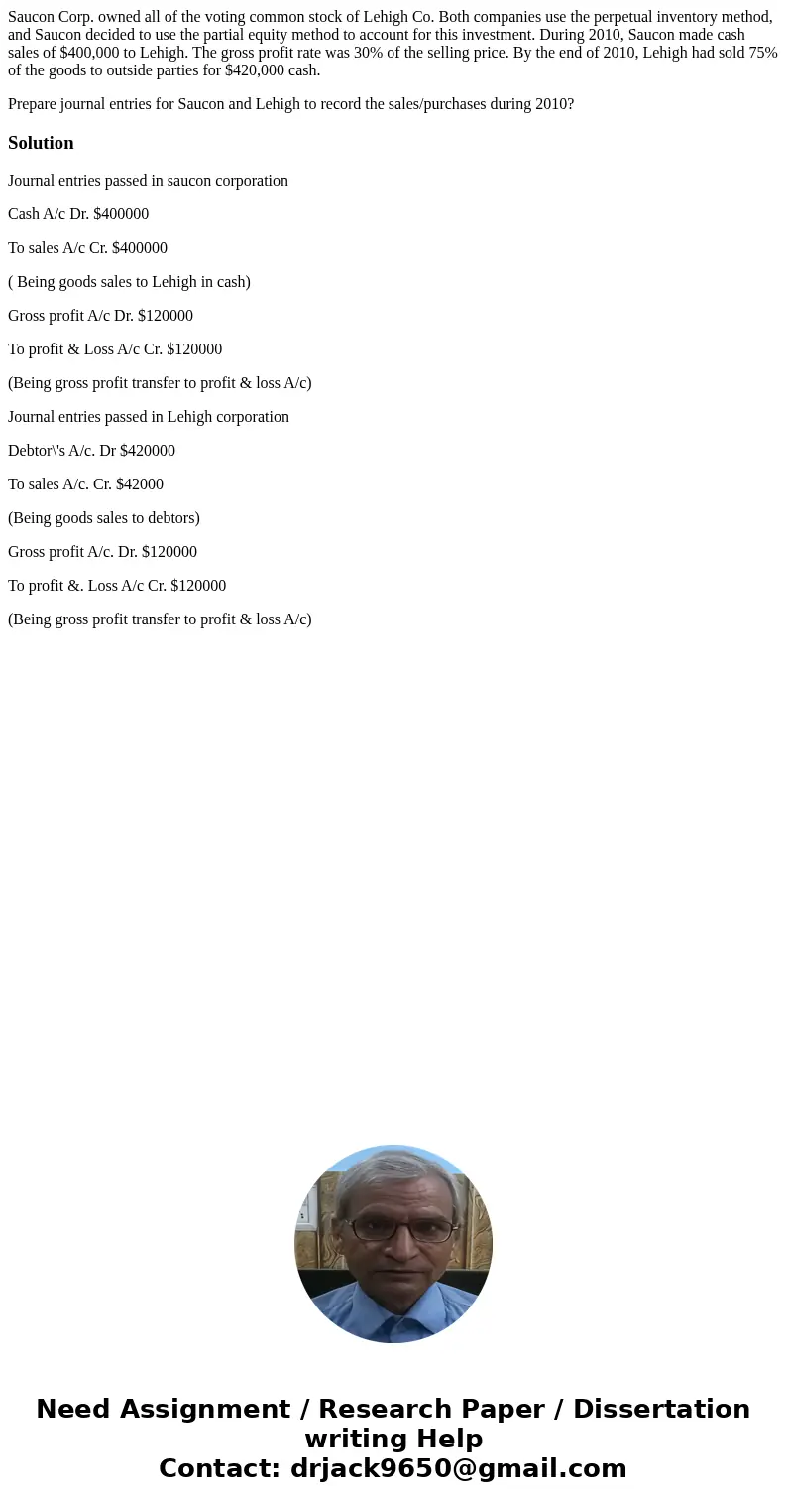 Saucon Corp. owned all of the voting common stock of Lehigh Co. Both companies use the perpetual inventory method, and Saucon decided to use the partial equity  Saucon Corp. owned all of the voting common stock of Lehigh Co. Both companies use the perpetual inventory method, and Saucon decided to use the partial equity