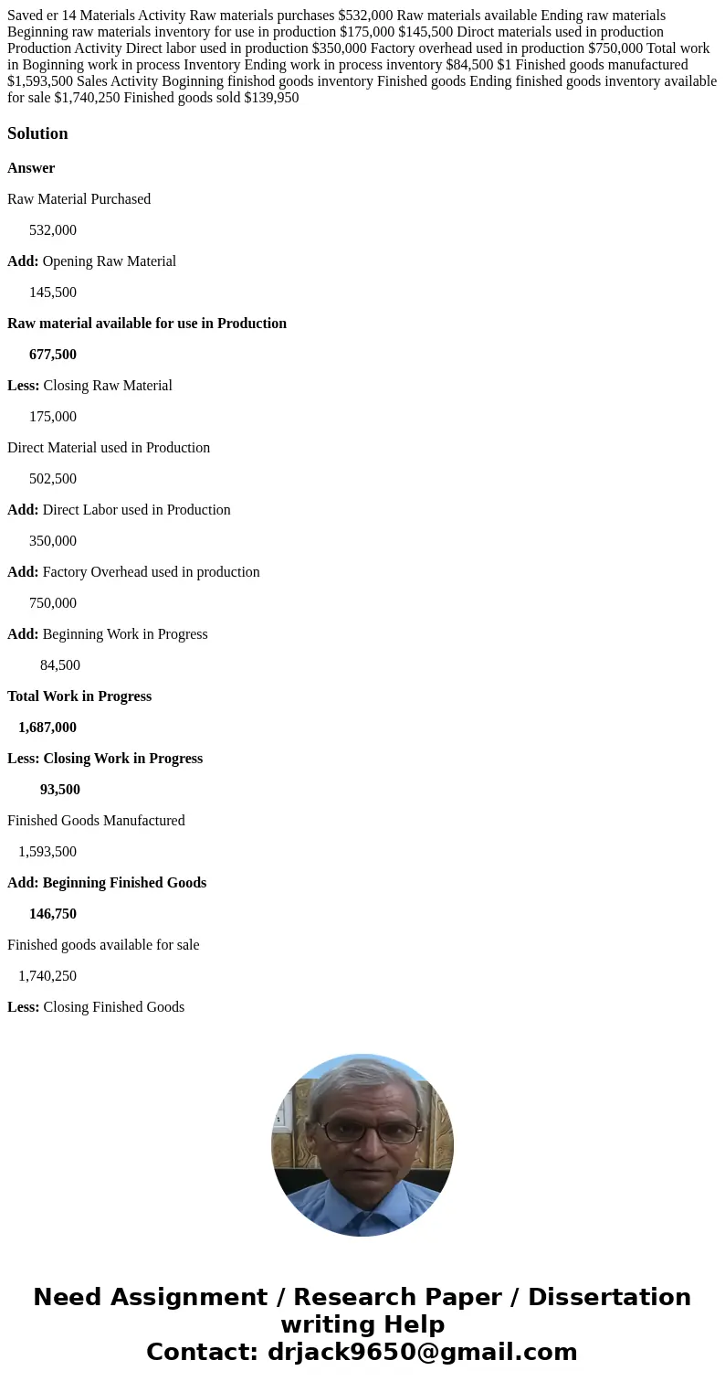 Saved er 14 Materials Activity Raw materials purchases $532,000 Raw materials available Ending raw materials Beginning raw materials inventory for use in produ  Saved er 14 Materials Activity Raw materials purchases $532,000 Raw materials available Ending raw materials Beginning raw materials inventory for use in produ