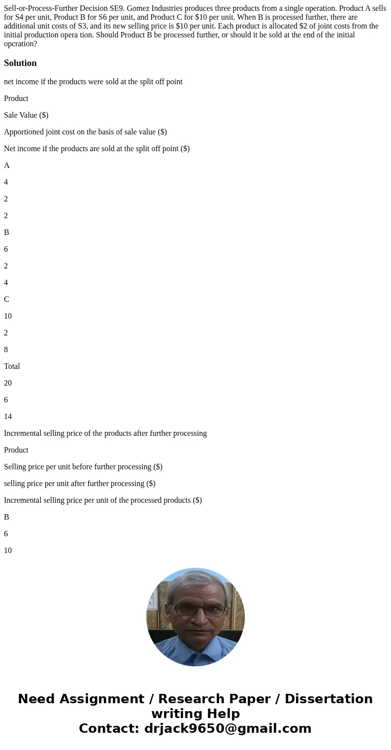  Sell-or-Process-Further Decision SE9. Gomez Industries produces three products from a single operation. Product A sells for S4 per unit, Product B for S6 per u