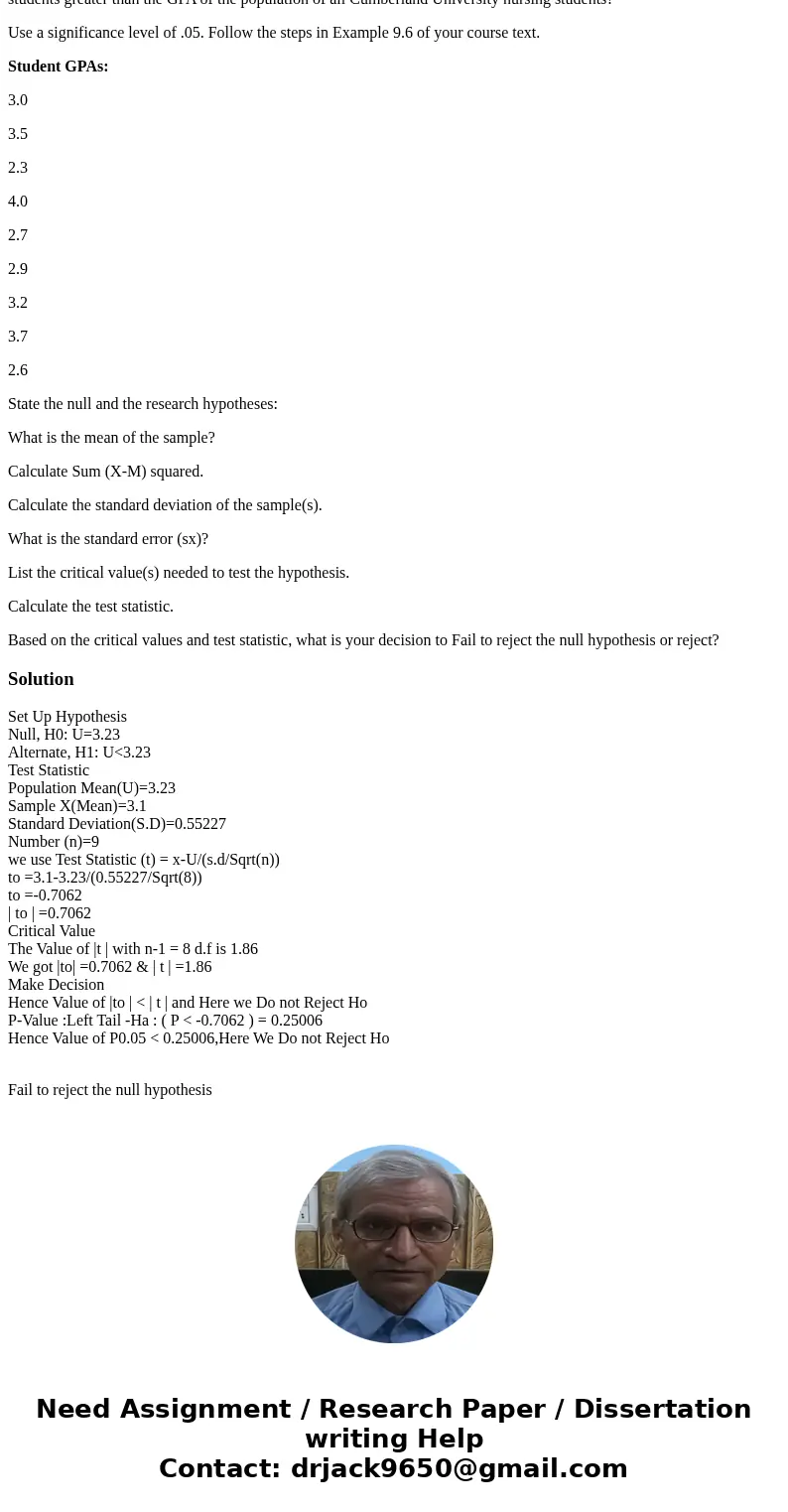 Single Sample t Test A random sample of the grade point average of a class of 10 nursing program students from Cumberland University is provided below. The mean Single Sample t Test A random sample of the grade point average of a class of 10 nursing program students from Cumberland University is provided below. The mean