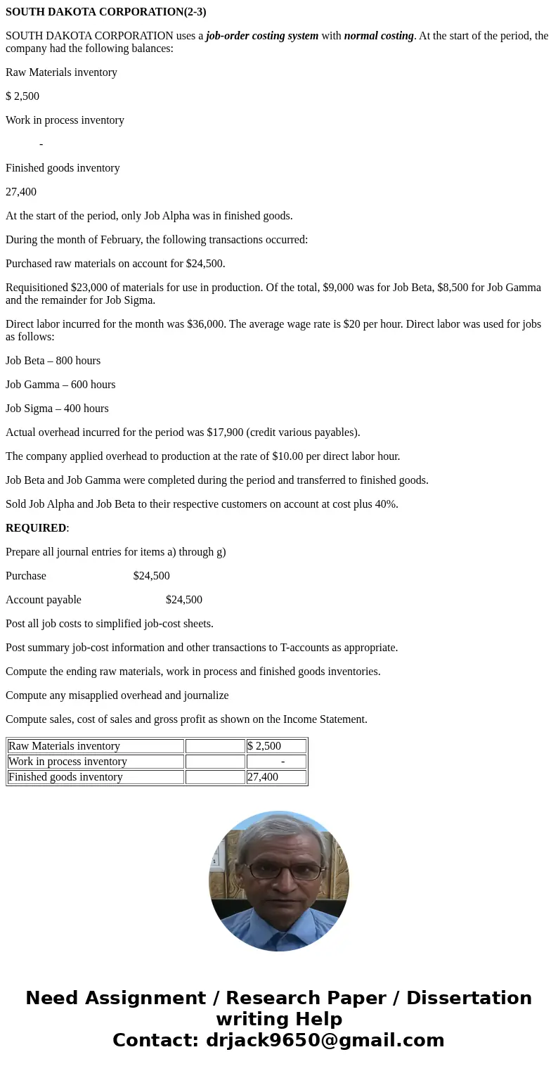 SOUTH DAKOTA CORPORATION(2-3) SOUTH DAKOTA CORPORATION uses a job-order costing system with normal costing. At the start of the period, the company had the foll SOUTH DAKOTA CORPORATION(2-3) SOUTH DAKOTA CORPORATION uses a job-order costing system with normal costing. At the start of the period, the company had the foll